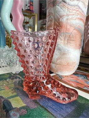 Fenton Hobnail Art Glass Pink Boot Shoe Figurine / Match Holder / Mini Vase